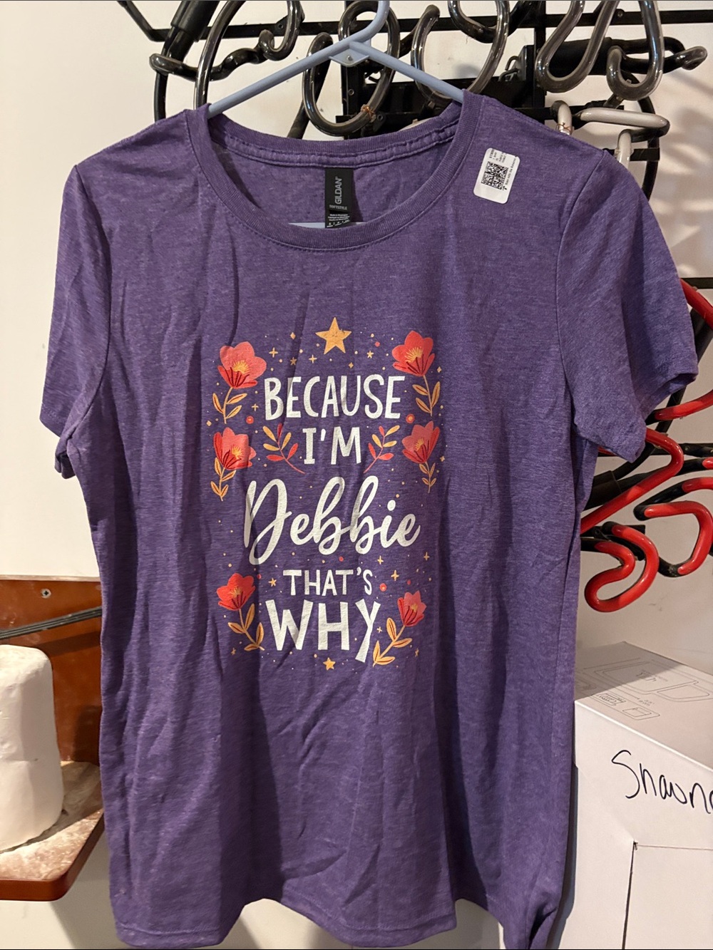 Gildan Purple Women's Graphic Tee with Floral 'Because I'm Debbie' Design